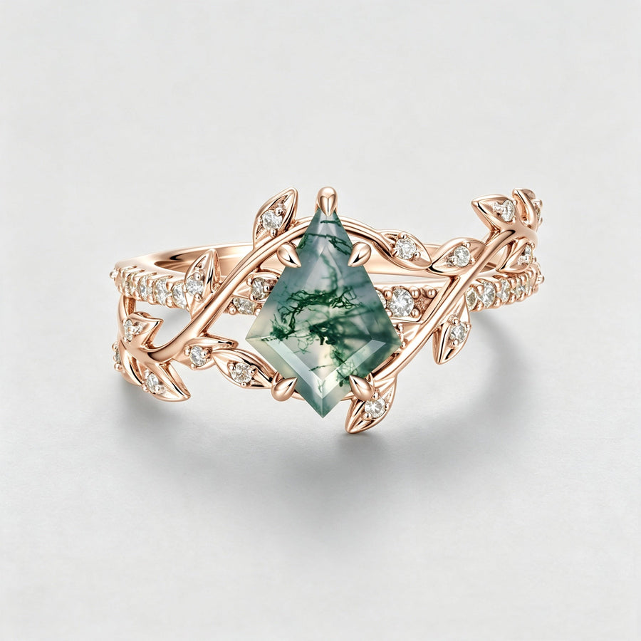 Kite Cut Natural Green Moss Agate Cluster Engagement Ring