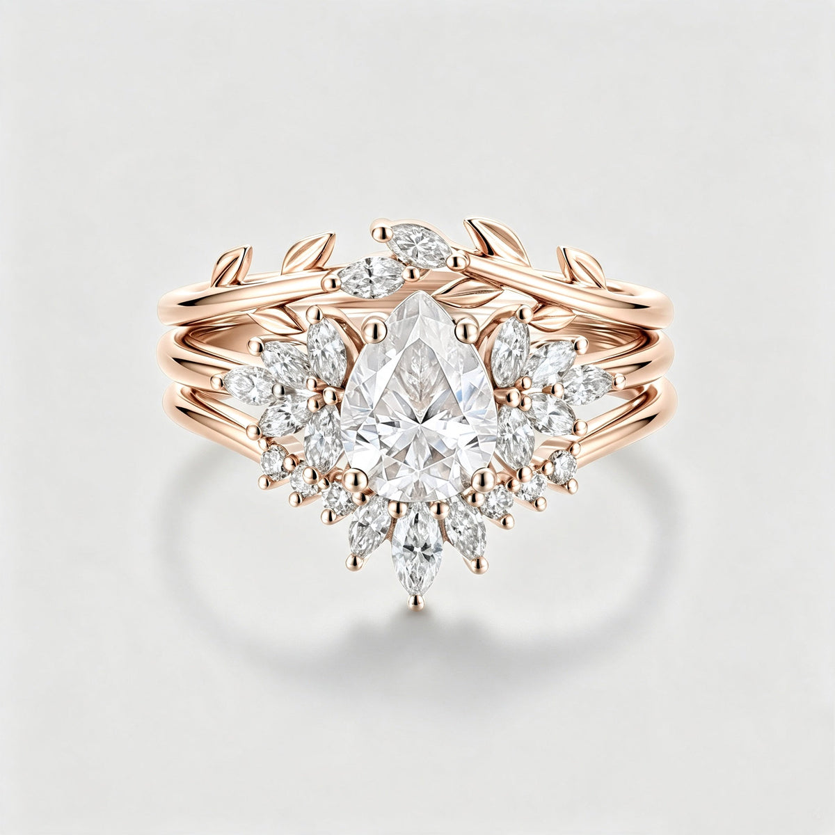3PCS 1.2 Carat Pear Moissanite Cluster Engagement ring Bridal Set