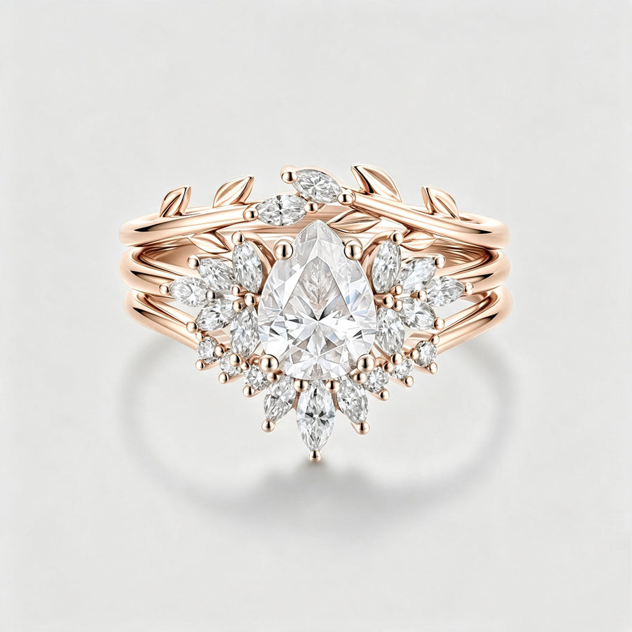 3PCS 1.2 Carat Pear Moissanite Cluster Engagement ring Bridal Set