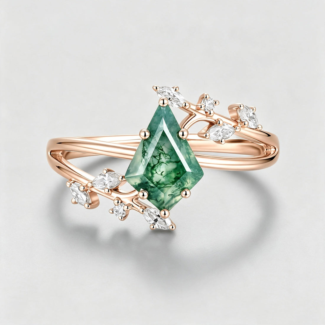 Kite Cut Natural Green Moss Agate Cluster Engagement Ring
