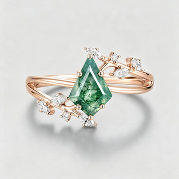 Kite Cut Natural Green Moss Agate Cluster Engagement Ring