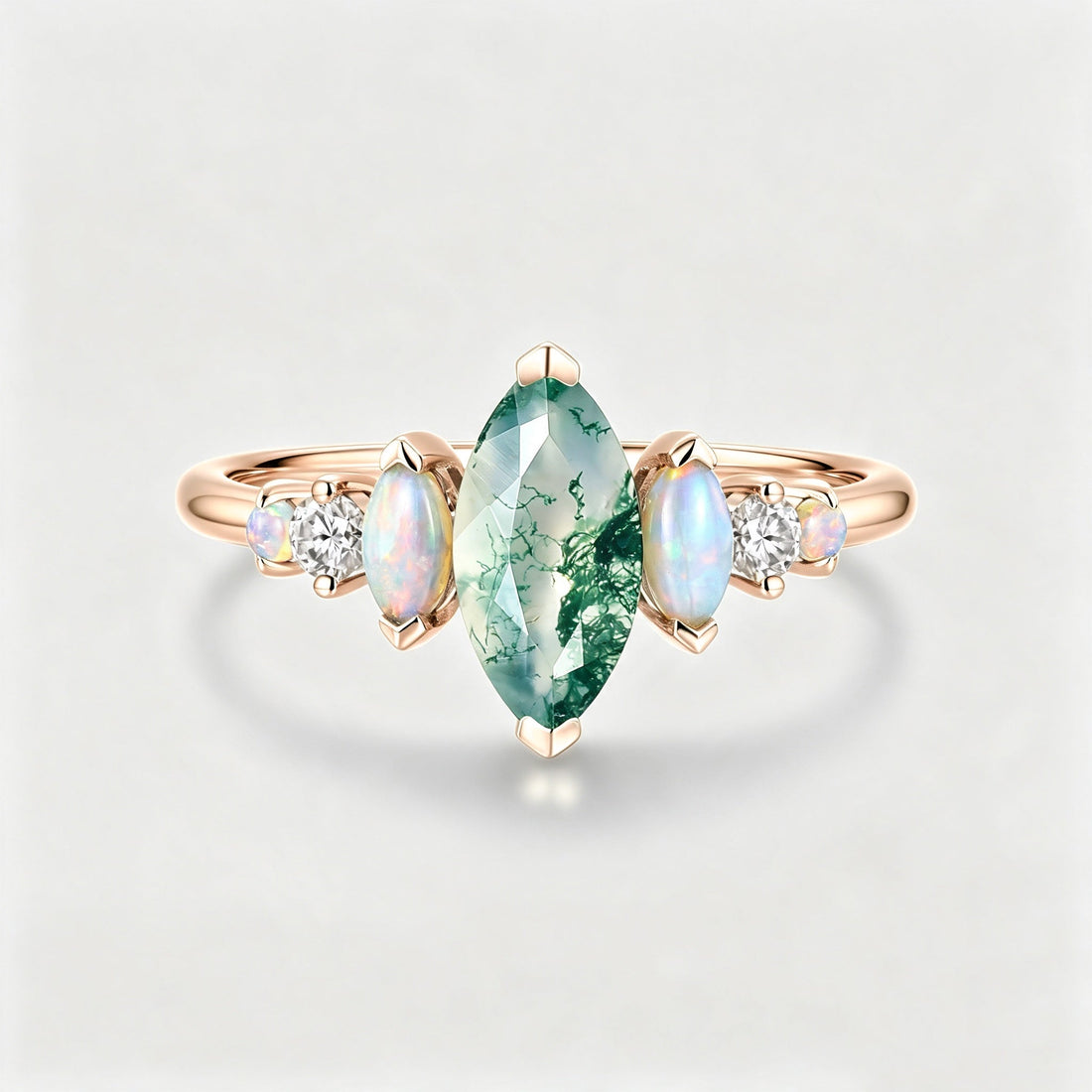 Marquise Cut Natural Moss Agate  Cluster Engagement ring