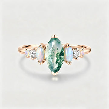 Marquise Cut Natural Moss Agate  Cluster Engagement ring