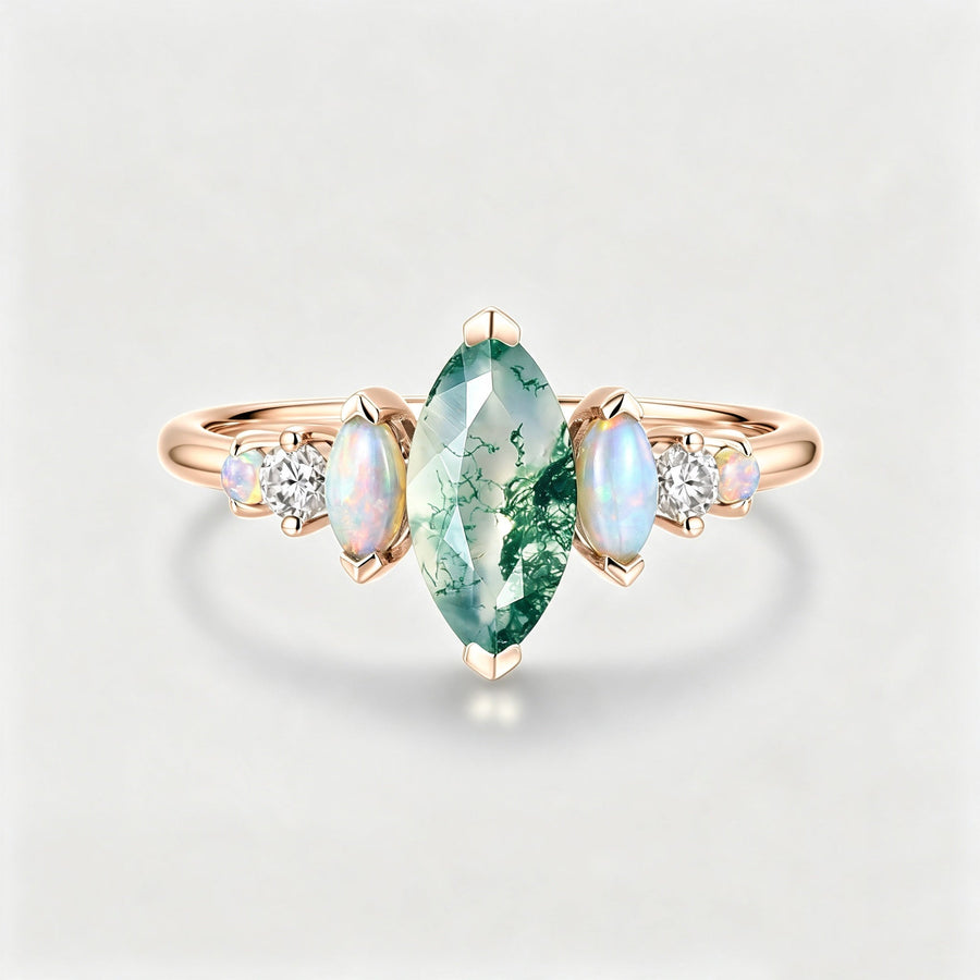 Marquise Cut Natural Moss Agate  Cluster Engagement ring