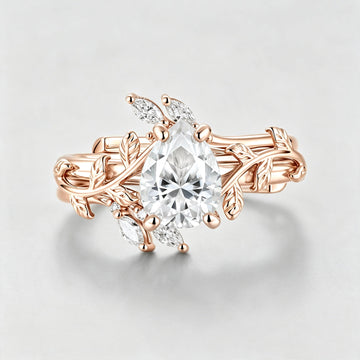 Nature Inspired Pear cut Moissanite Leaf Gold ring set