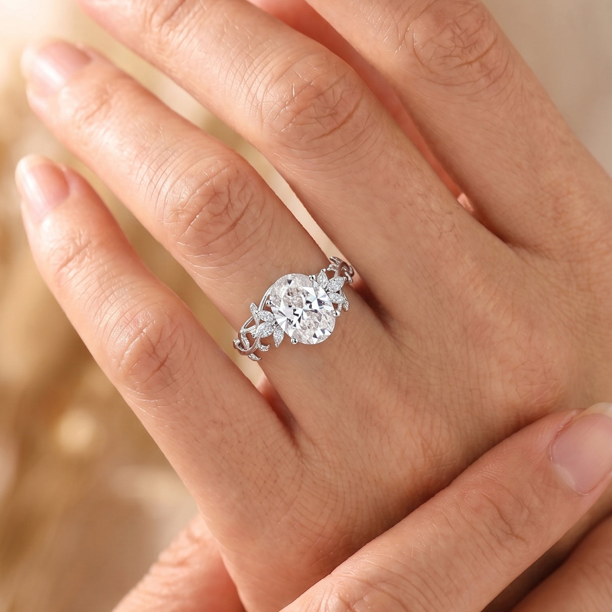 1.0CT~5.0CT Oval cut Lab grown diamond Leaf Engagement Ring Nature Inspired Band