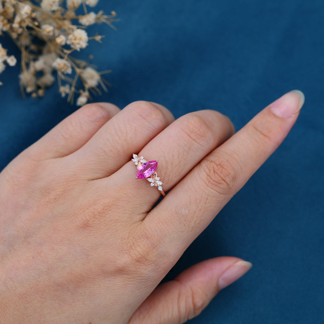Marquise cut Lab Grown Pink Sapphire Solid Gold Engagement Ring