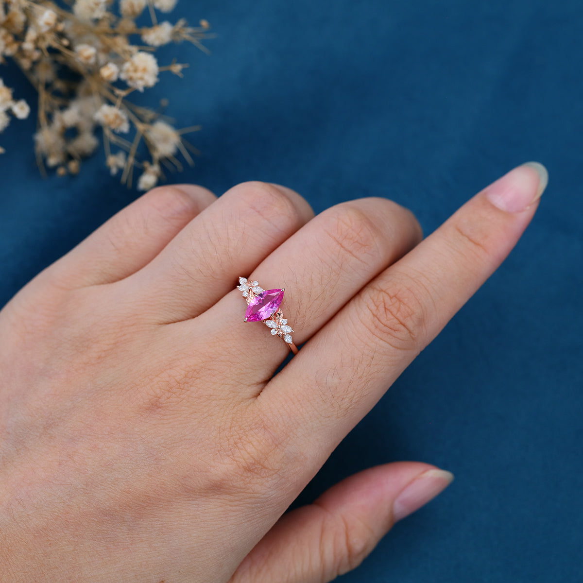 Marquise cut Lab Grown Pink Sapphire Solid Gold Engagement Ring