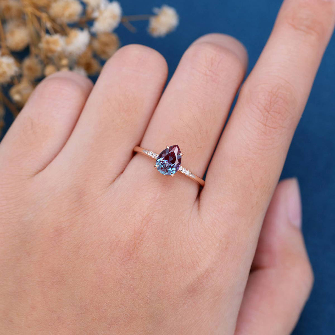 Pear cut Lab Alexandrite | Diamond Engagement ring