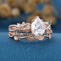 Pear Cut Moissanite Engagement ring + Marquise Moss agate Wedding Bridal Set
