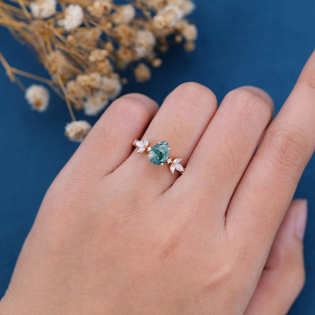 Pear Cut Natural Green Moss Agate Cluster Engagement Ring