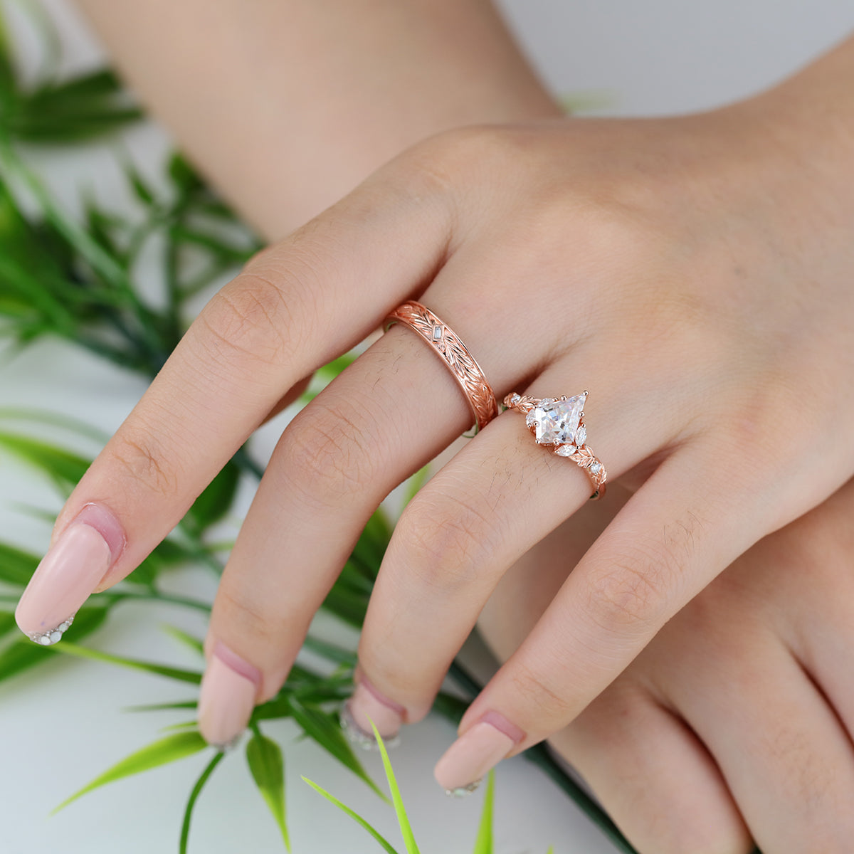 Nature Inspired Moissanite Couple Rings | D Color VVS1 | Rose Gold Leaf Wedding Bridal Set
