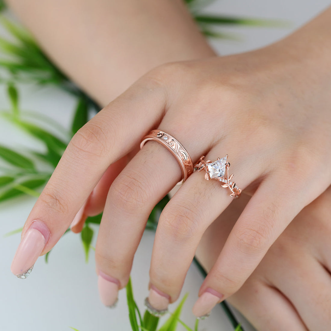 Forever Glow Moissanite Couple Rings |  D Color VVS1 | Rose Gold Leaf Wedding Bridal Set