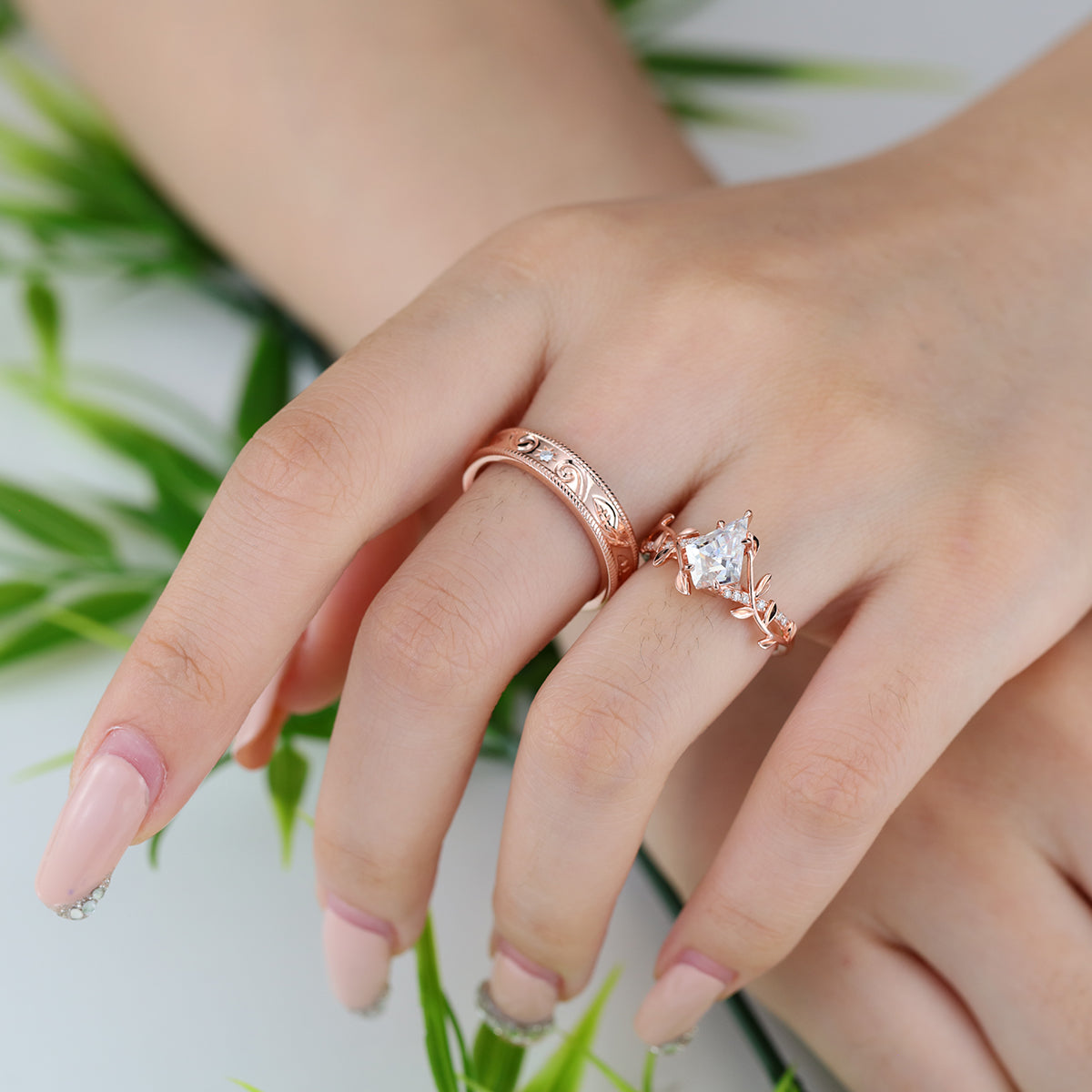 Forever Glow Moissanite Couple Rings |  D Color VVS1 | Rose Gold Leaf Wedding Bridal Set