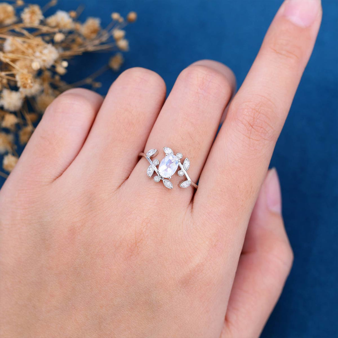 Oval cut Moonstone | Moissanite Cluster Engagement Ring