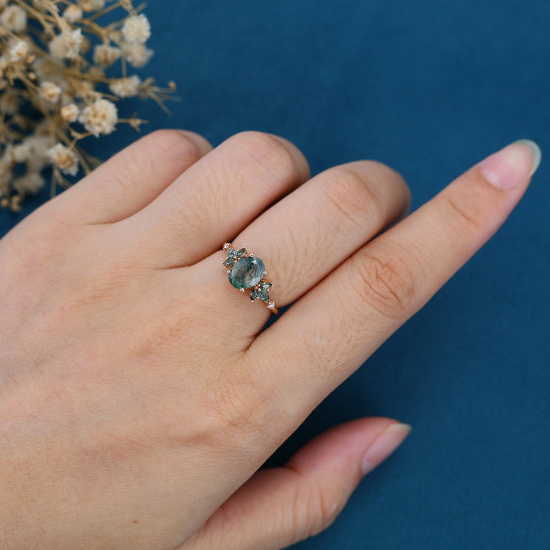 Oval cut Moss Agate + Diamonds Solid Gold Engagement Ring