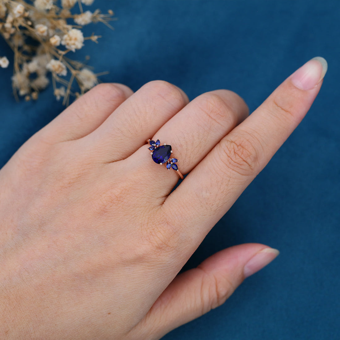 Pear cut Lab Blue Sapphire Solid Gold Engagement Ring