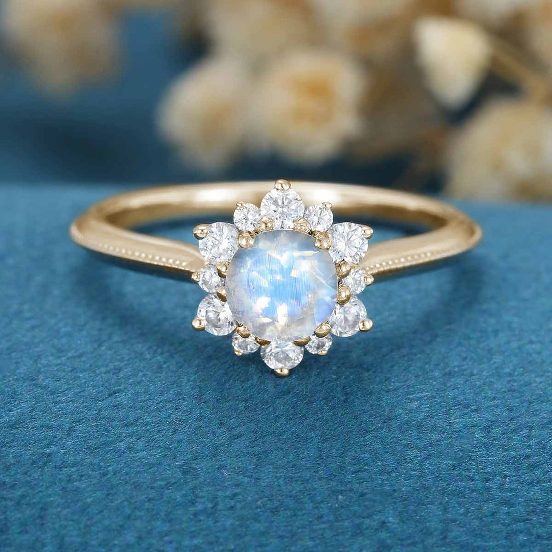 5mm Round cut Moonstone Flower Halo Engagement ring