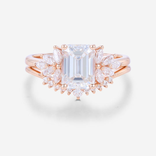 1.7Carat Emerald cut Moissanite Cluster Engagement ring Bridal Set