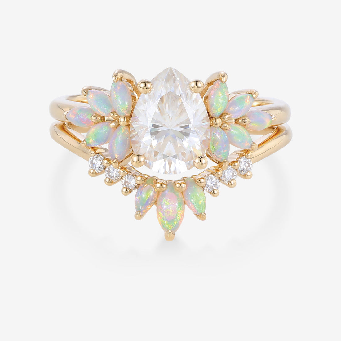 Pear cut Moissanite Cluster Opal Engagement ring Bridal Set