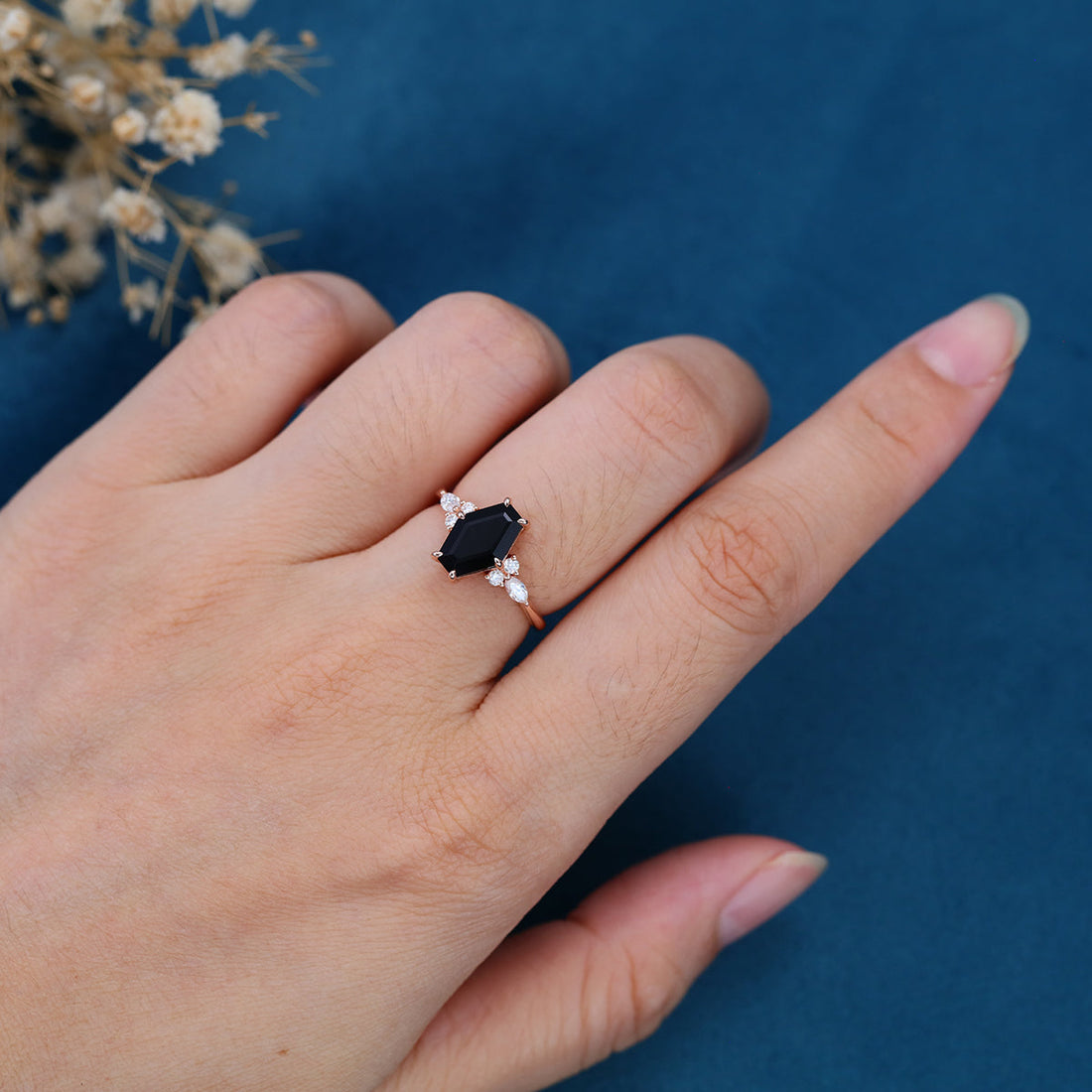 Coffin cut Black Onyx Solid Gold Engagement Ring