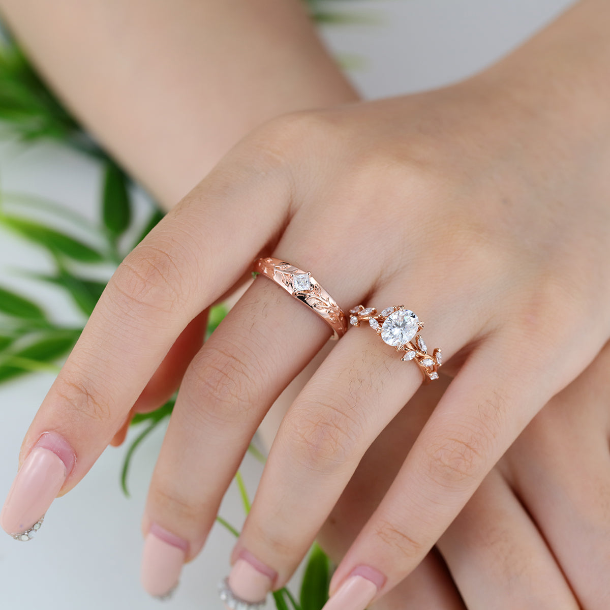Nature Inspired  Moissanite Couple Rings | D Color VVS1 | Rose Gold Leaf Wedding Bridal Set