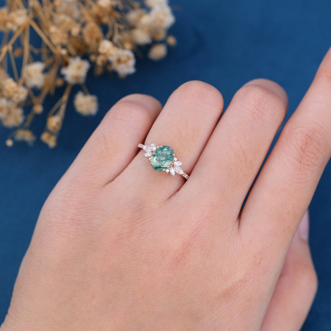 Oval Cut Natural Green Moss Agate Stone Cluster Engagement Rings