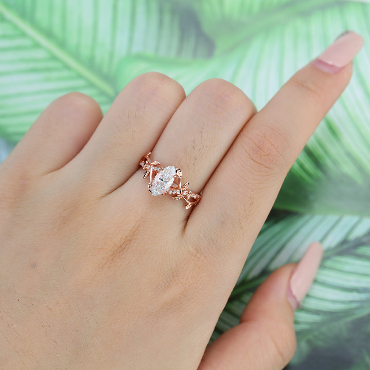 Nature Inspired Marquise cut Moissanite Leaf Gold Engagement Ring