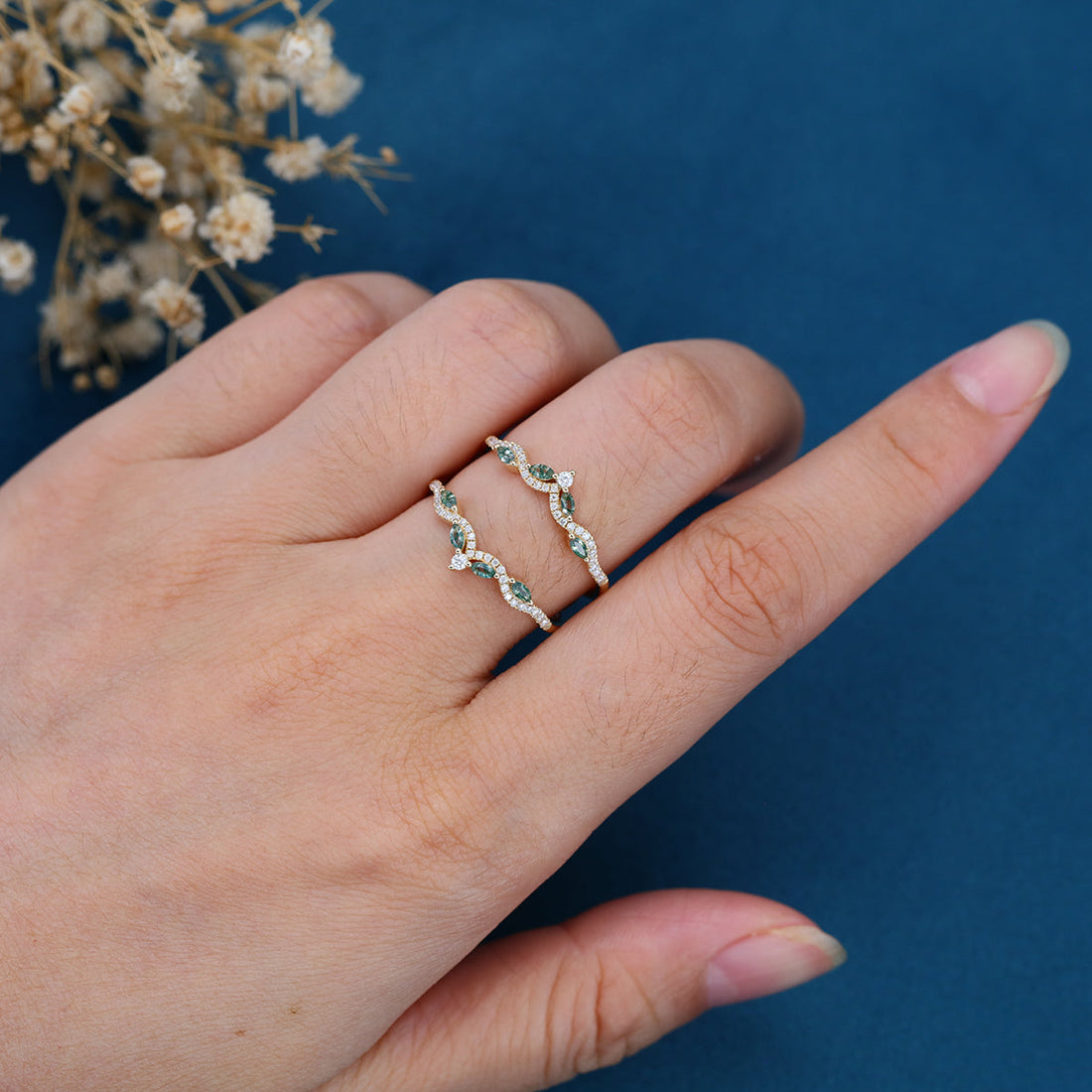 Double Moss Agate | Diamonds Curved Wedding Band