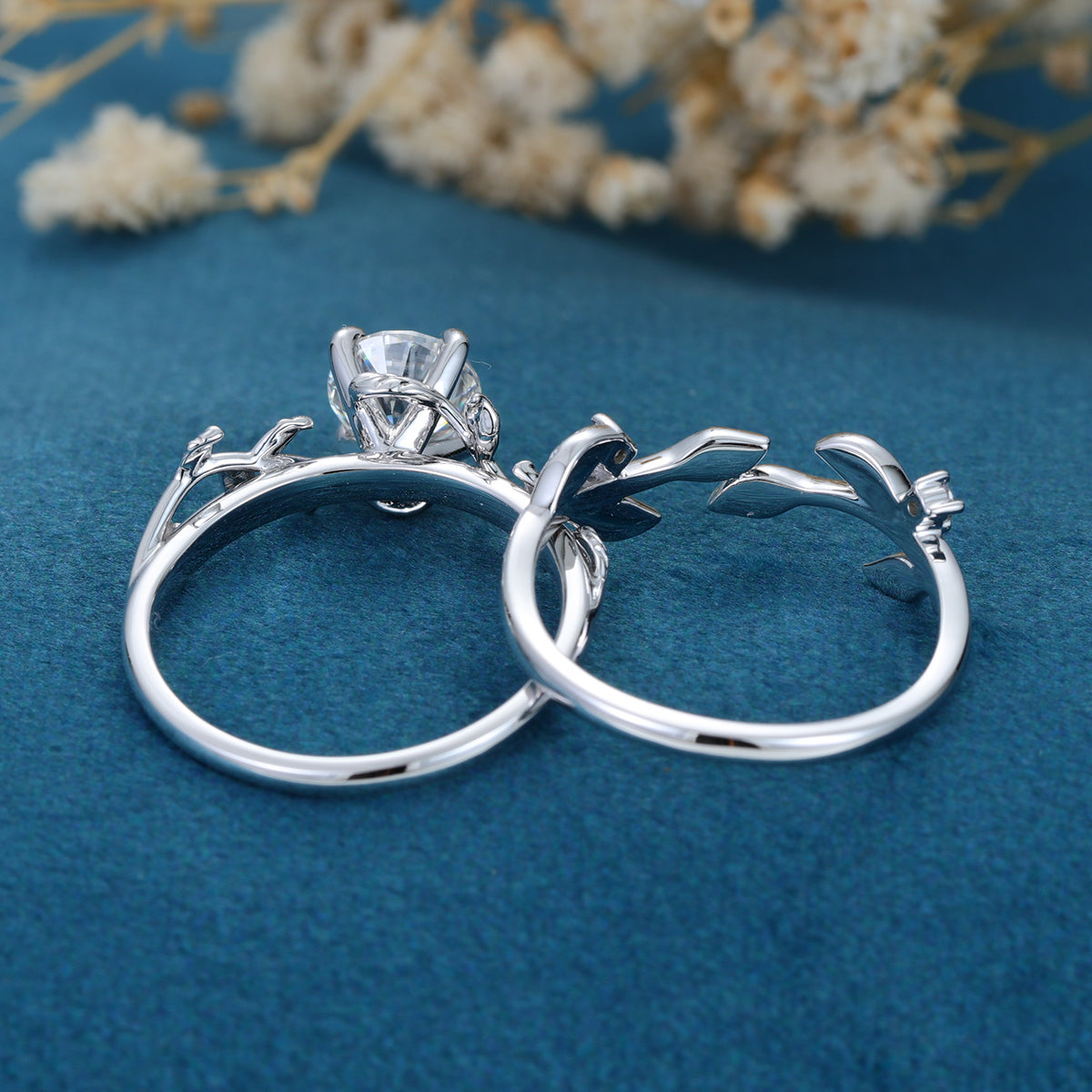 Round cut Moissanite Engagement ring White gold Diamond Wedding Bridal Set