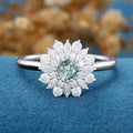 Round Cut Natural Green Moss Agate Cluster Engagement Ring