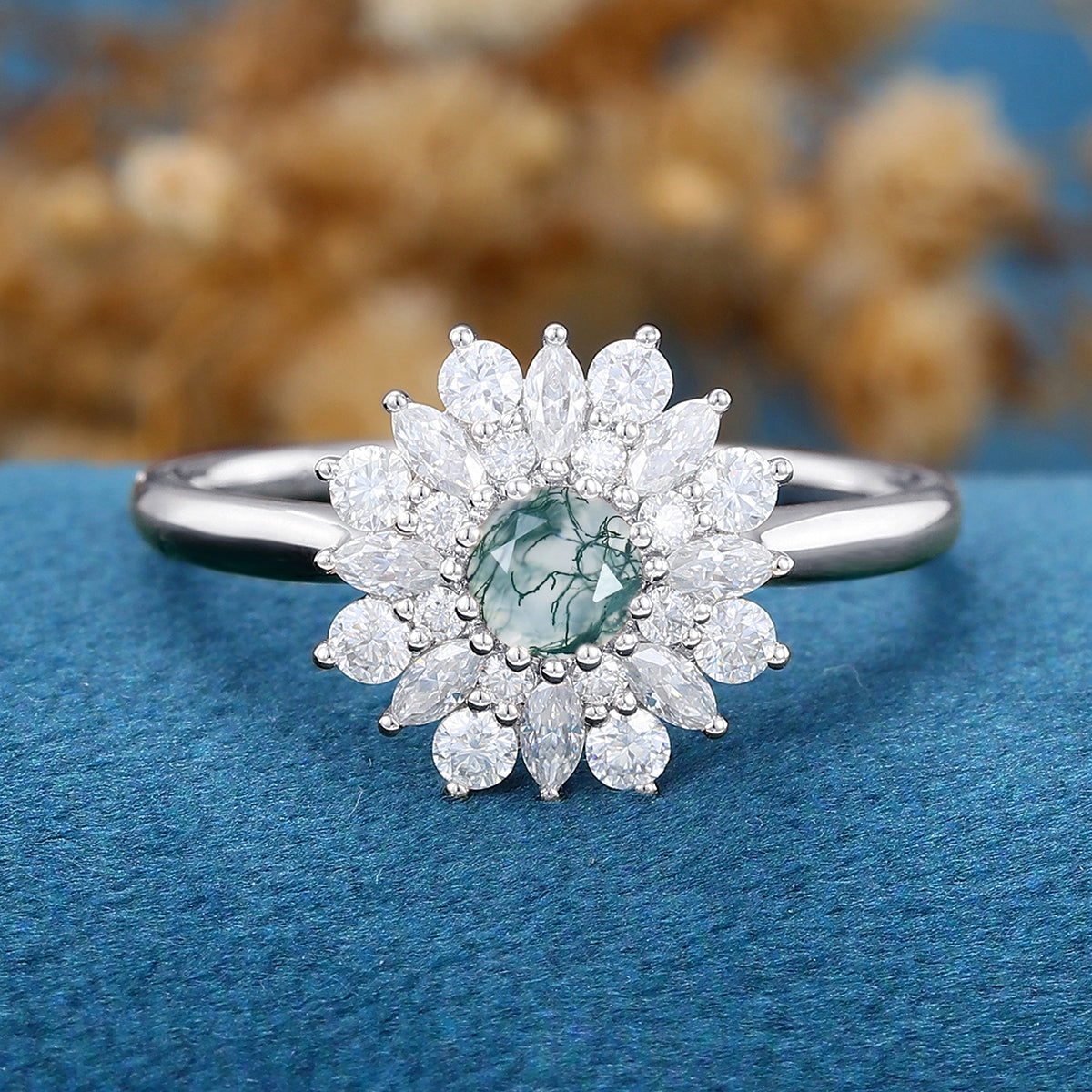 Round Cut Natural Green Moss Agate Cluster Engagement Ring