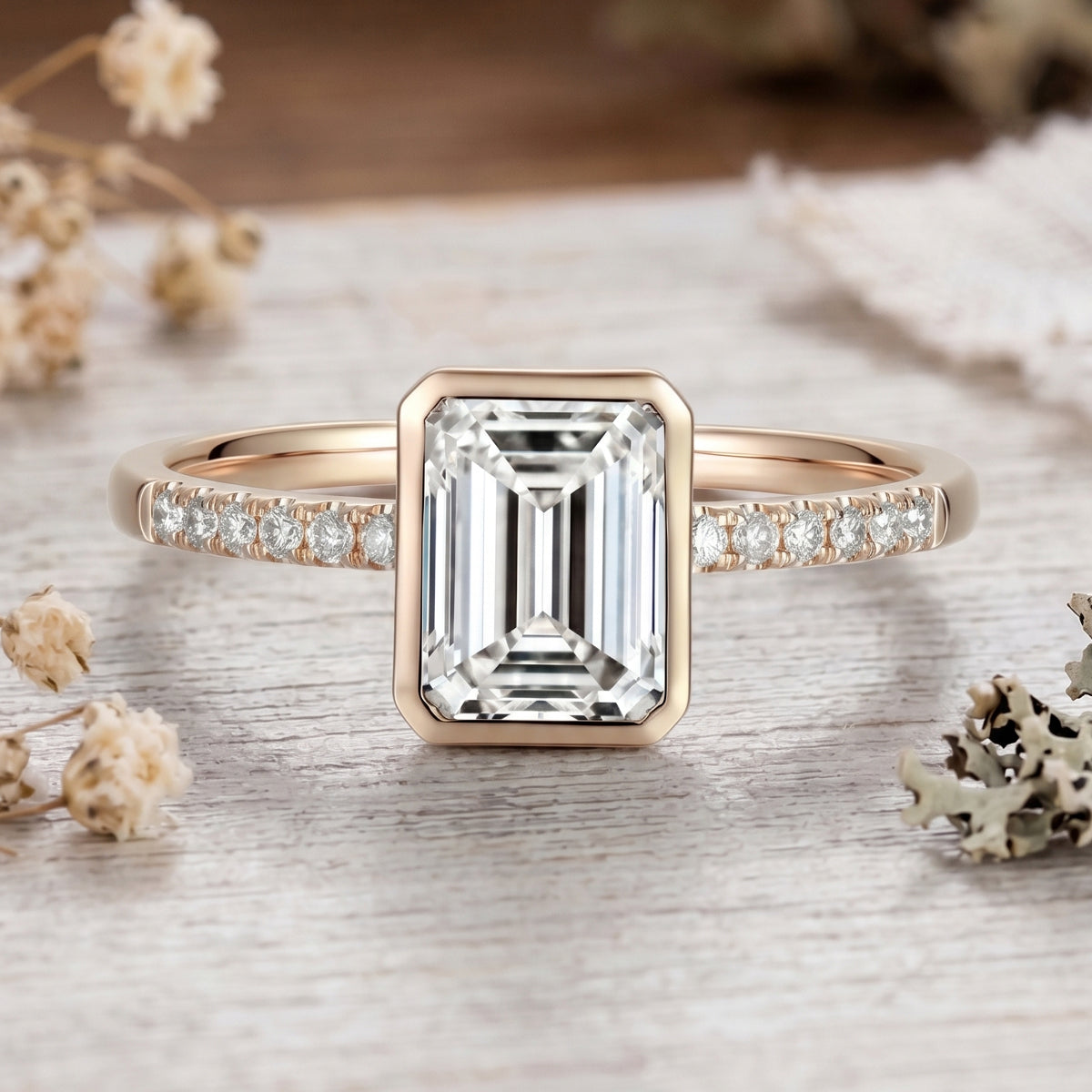 1.0CT~5.0CT Bezel setting Emerald cut Lab grown Diamond Half Eternity Sold Gold Engagement Ring