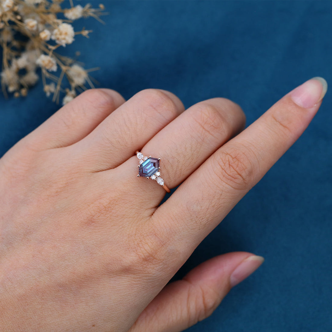 Long Hexagon cut Lab Alexandrite Solid Gold Engagement Ring