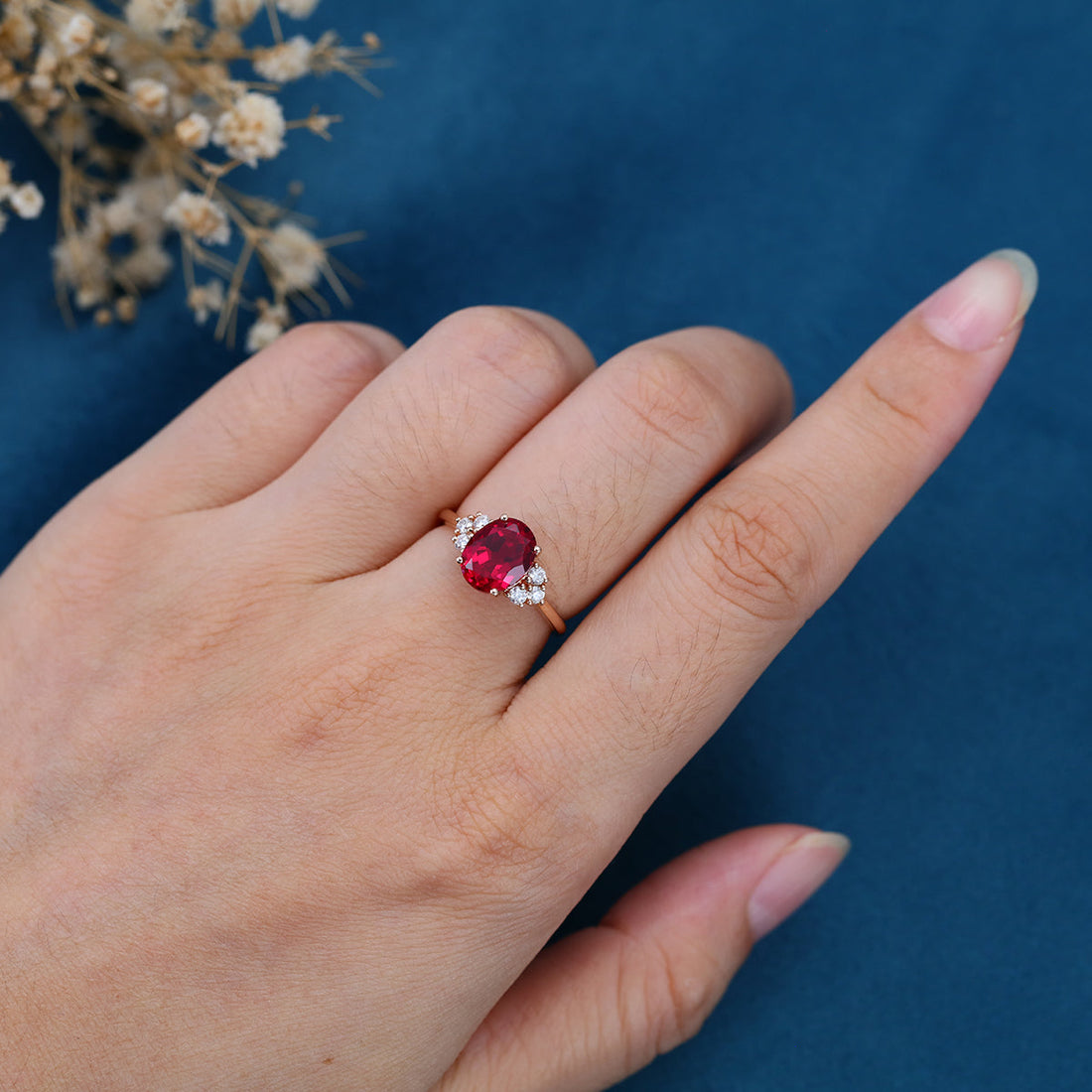 Oval cut Lab Ruby Solid Gold Engagement Ring