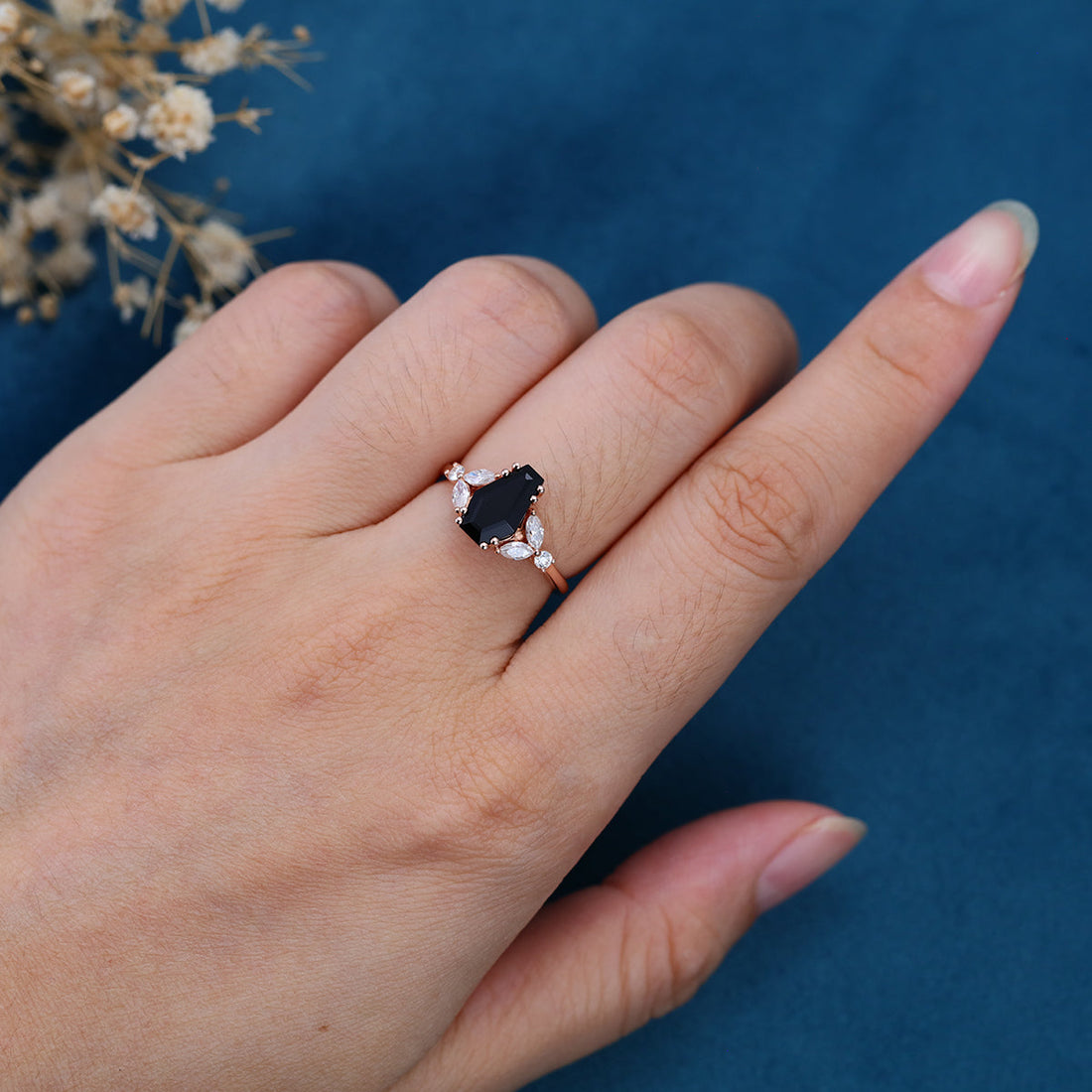 Coffin cut Black Onyx Solid Gold Engagement Ring