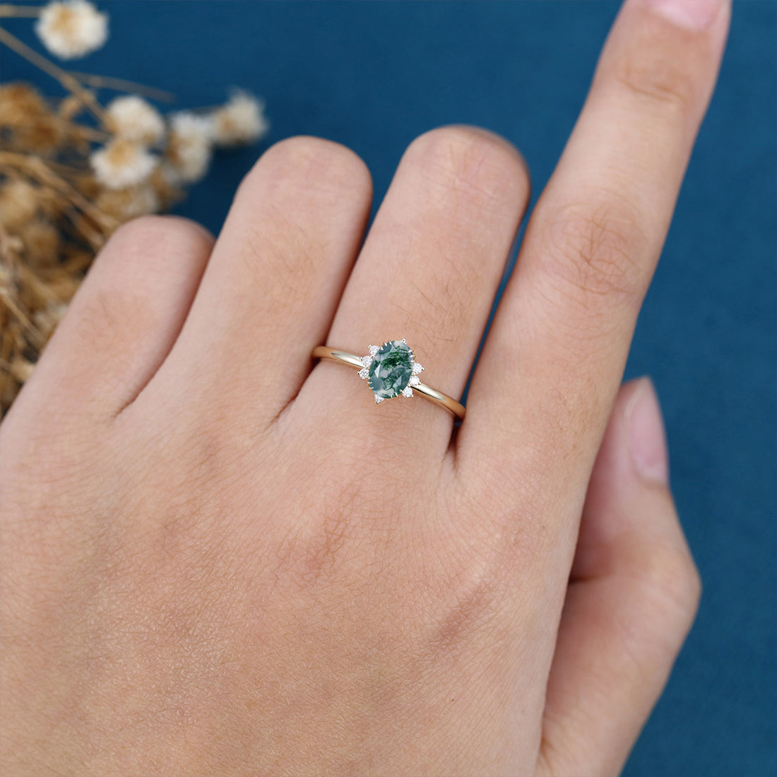 Natural Green Moss Agate Oval cut cluster Engagement Ring