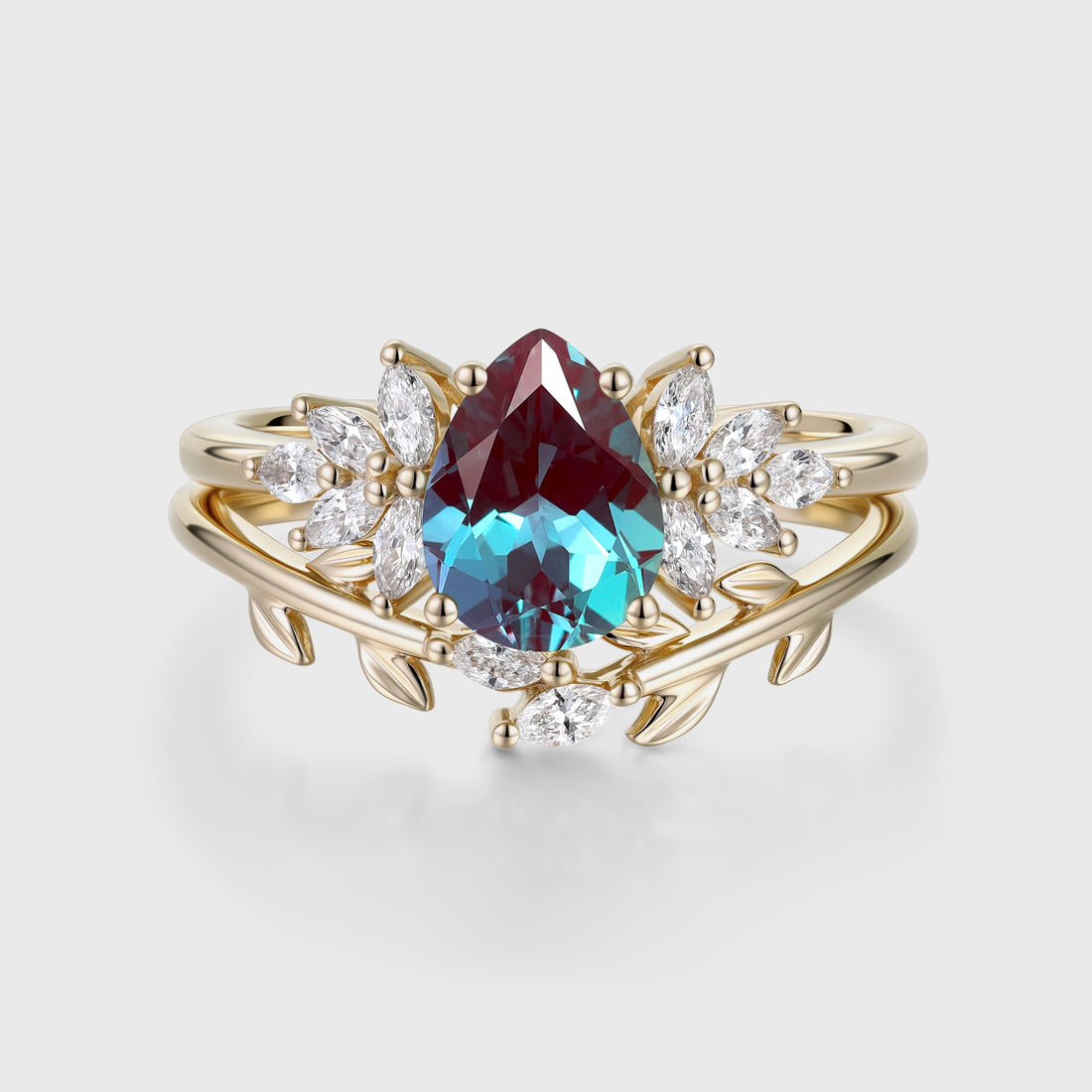 Pear cut Lab Alexandrite Engagement ring Bridal Set