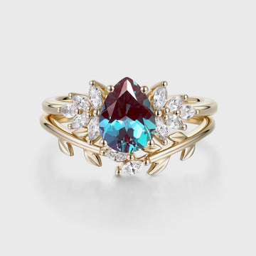 Pear cut Lab Alexandrite Engagement ring Bridal Set