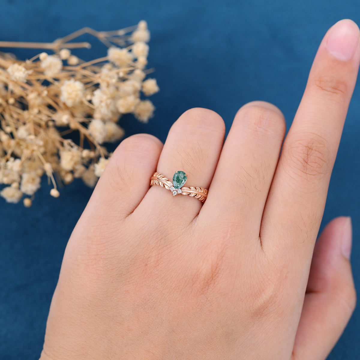 Nature Inspired Pear cut Moss Agate Leaf Gold Engagement Ring