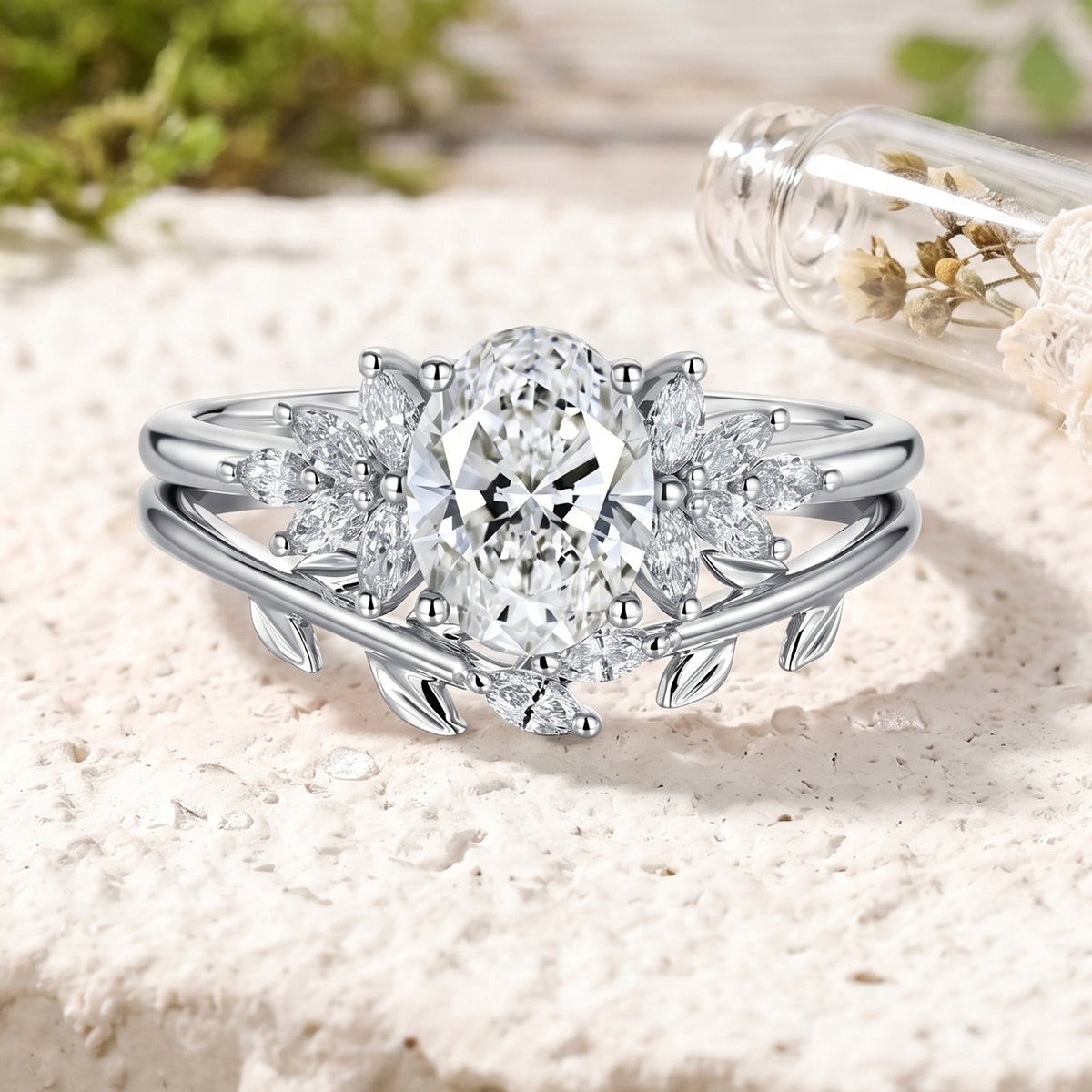 1.0CT~5.0CT Oval cut Lab grown Diamond Cluster Engagement Ring Set