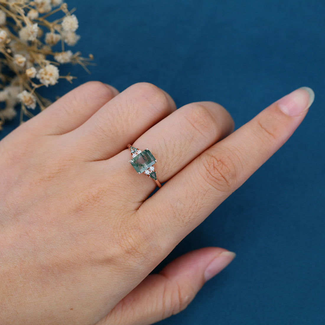Emerald cut Moss Agate Solid Gold Engagement Ring