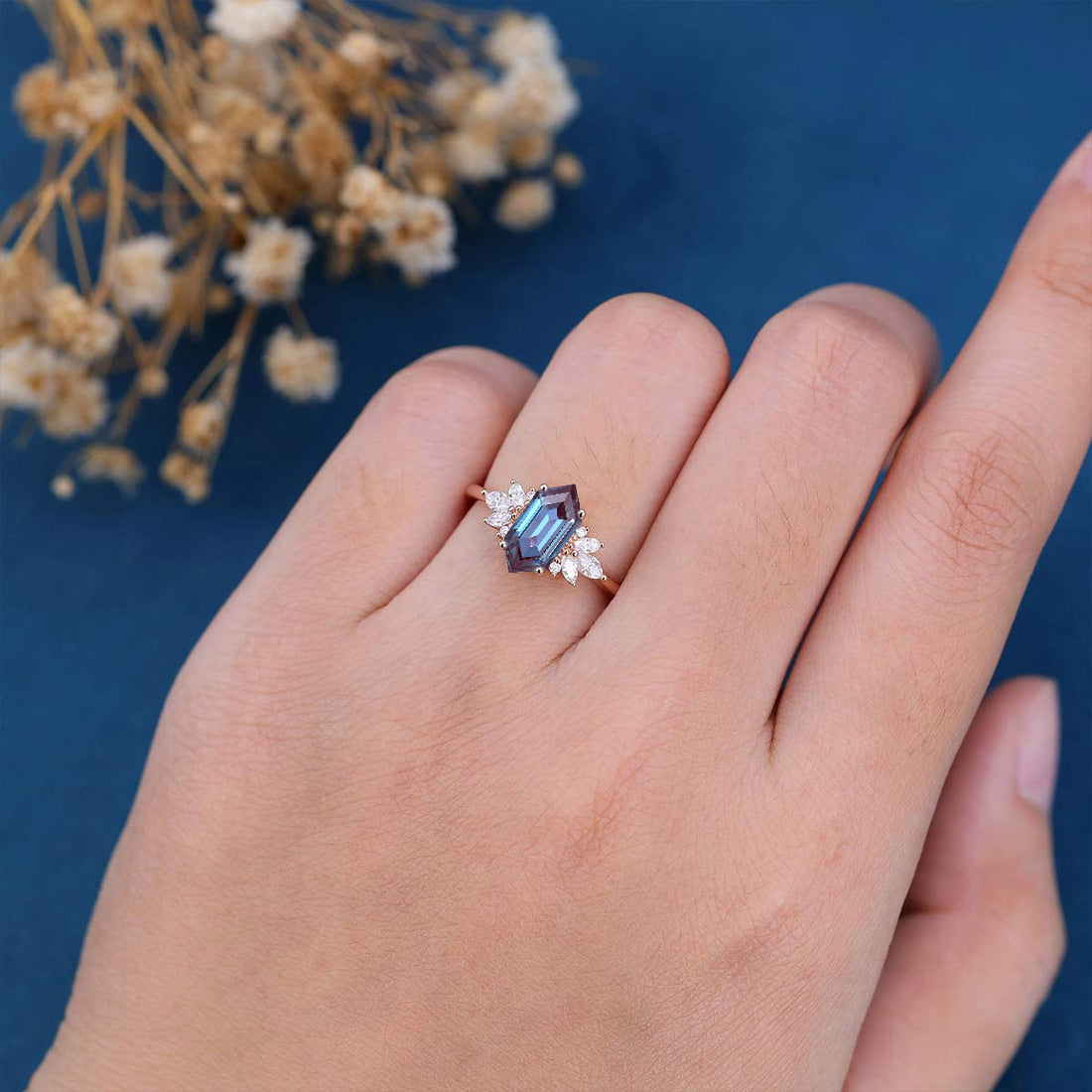 Long Hexagon cut Alexandrite | Diamond Engagement ring