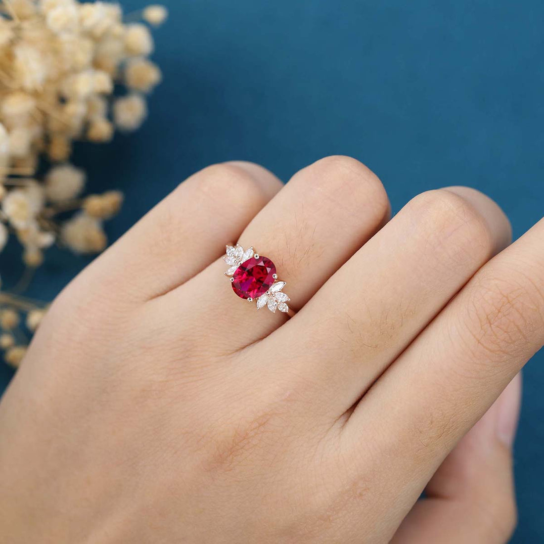 Oval cut Lab Ruby Cluster Engagement Ring 