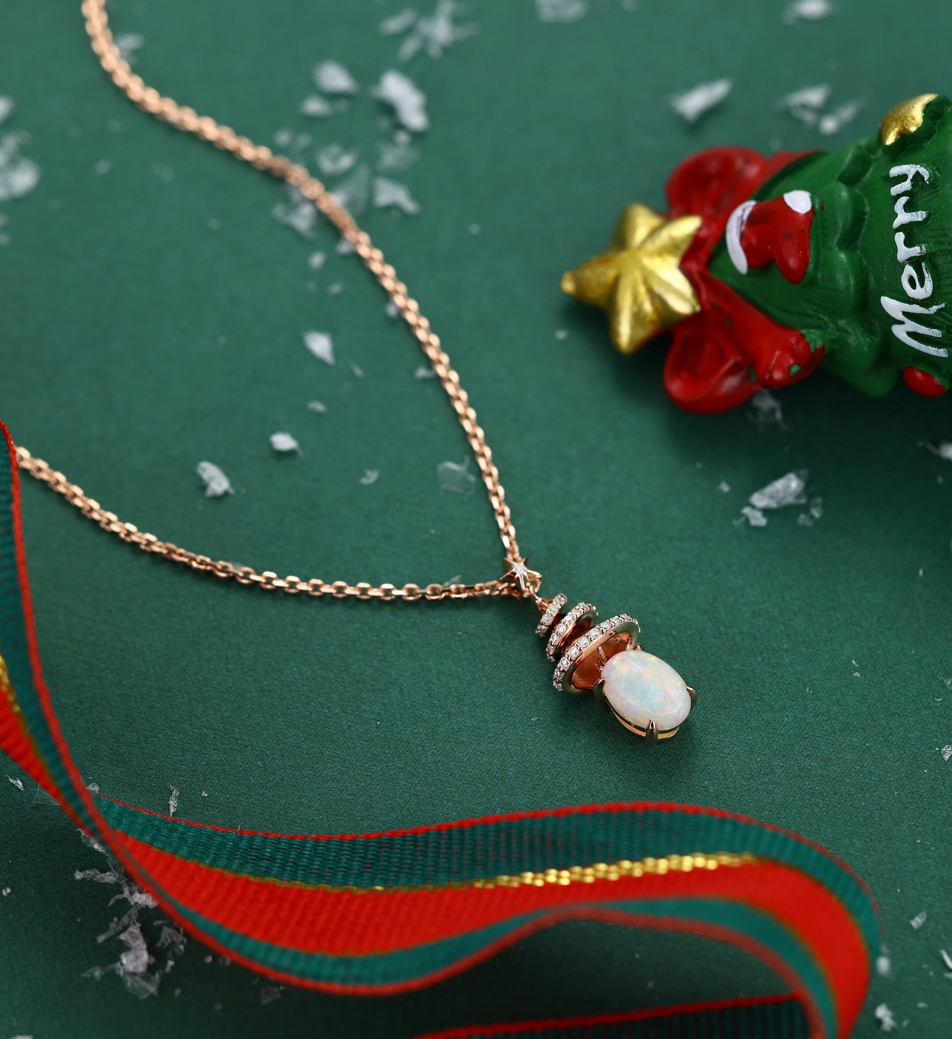 Oval cut Natural Opal Pendant Necklace with Diamonds Christmas tree