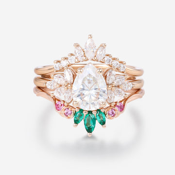 Pear cut Moissanite Rose Gold Matching Diamonds | Lab Grown Emerald Wedding bridal set