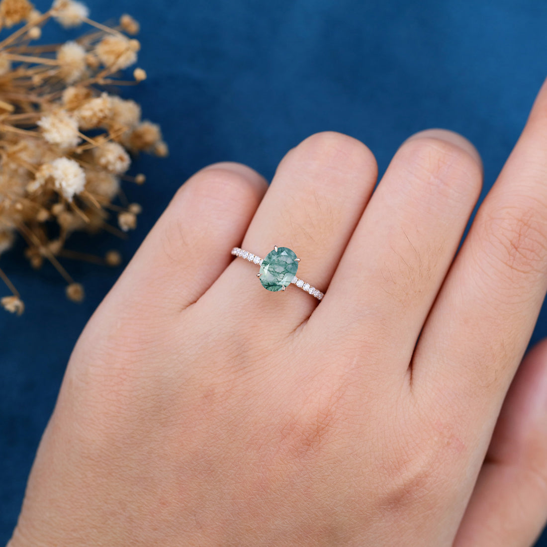 Oval Cut Natural Green Moss Agate Cluster Engagement Ring