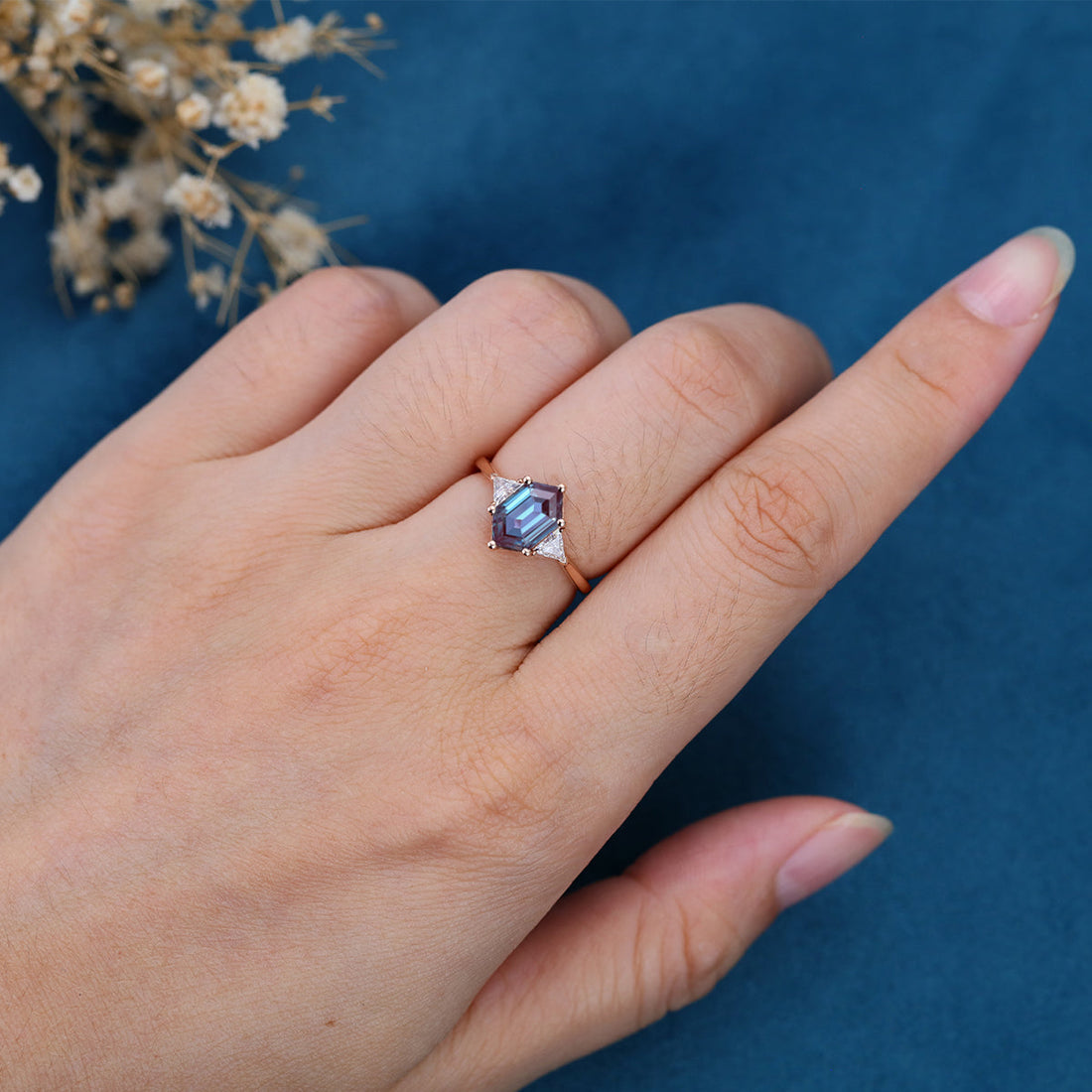 Hexagon cut Lab Alexandrite Solid Gold Engagement Ring