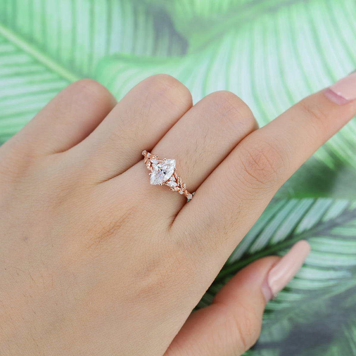 Nature Inspired Marquise cut Moissanite Leaf Gold Engagement Ring