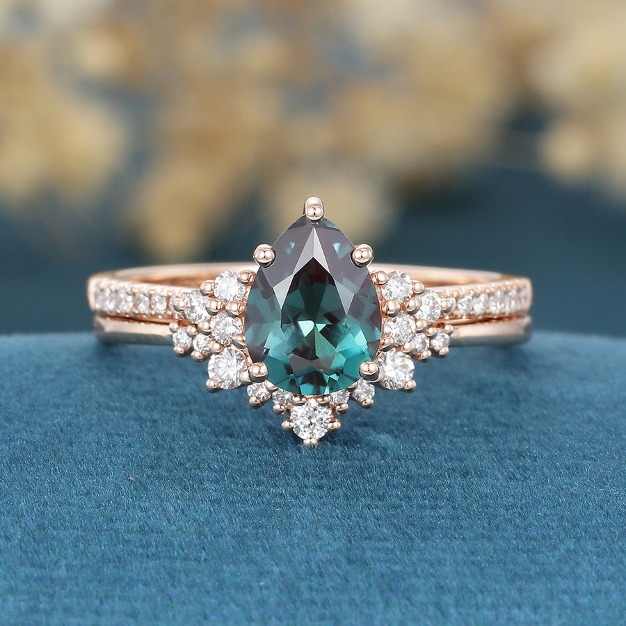 Pear Cut Lab Alexandrite Matching Mossanite | Diamonds Gold Bridal Set